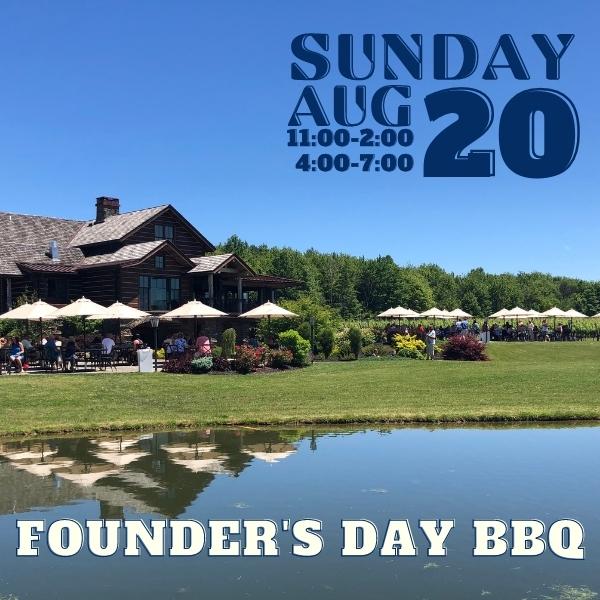 Founders Day BBQ event graphic featuring view of the winery restaruant