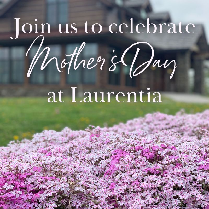 Mother's Day event graphic with view of flowers on winery grounds