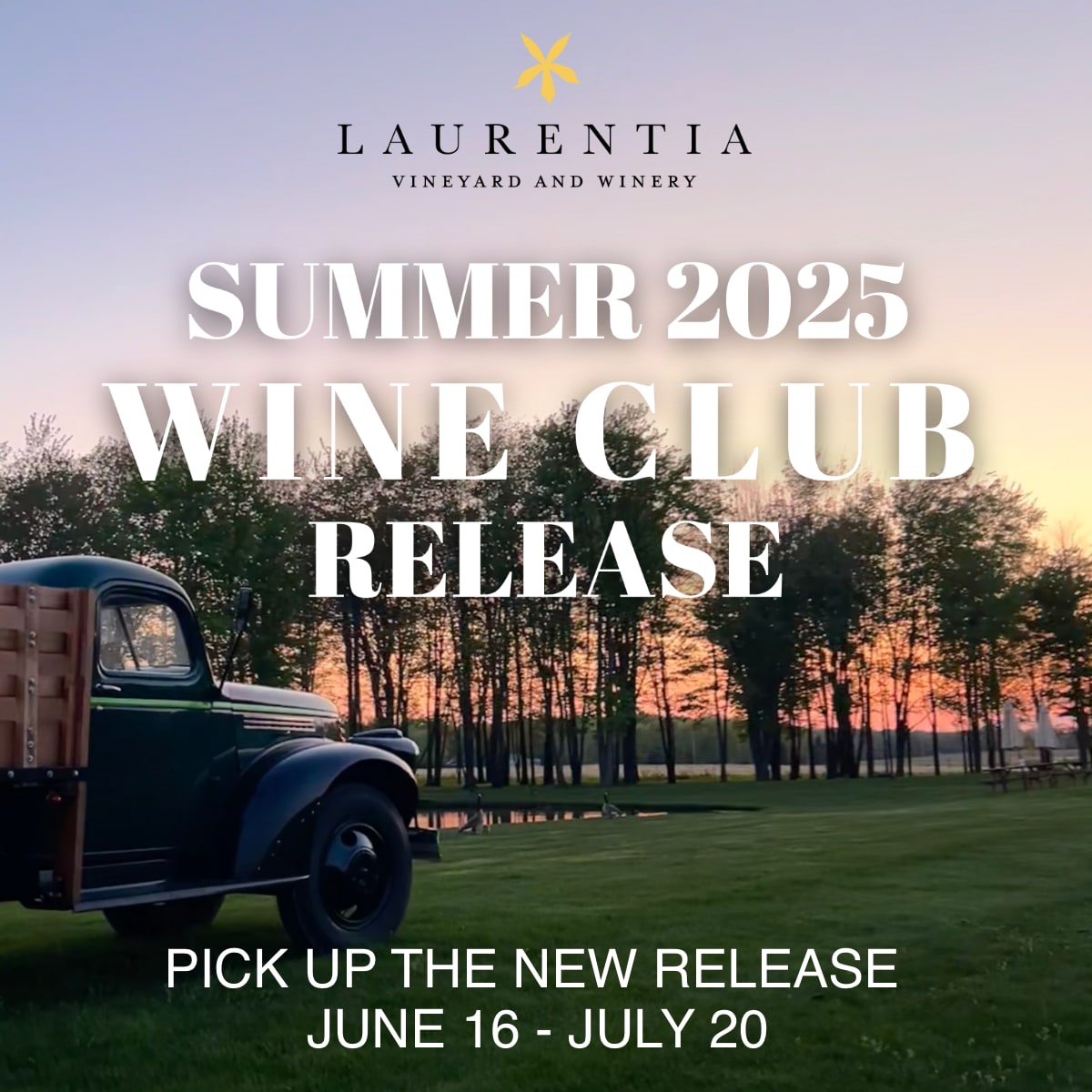 Summer 2025 Wine Club release graphic with antique truck parked on winery grounds