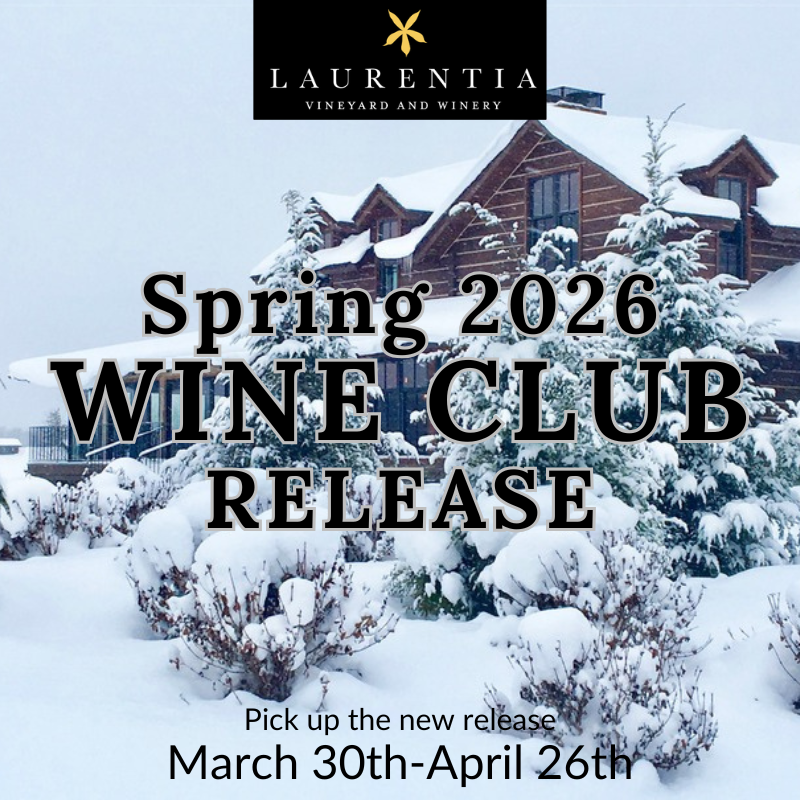 Spring 2026 Wine Club Release graphic with view of winery with snow all around