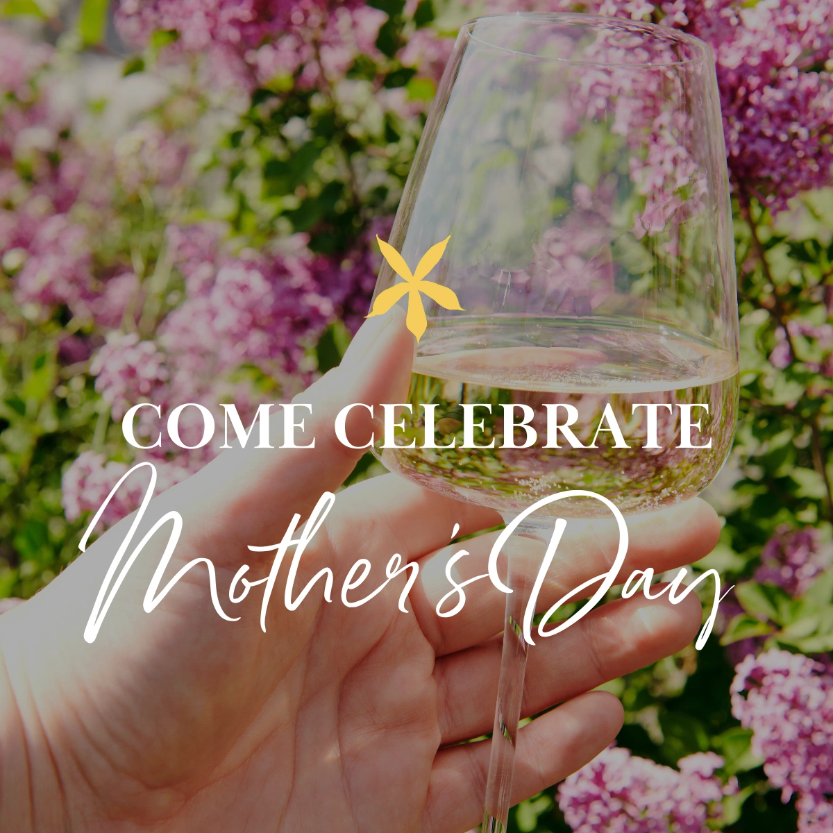 Mother's Day event graphic with hand holding a glass of wine