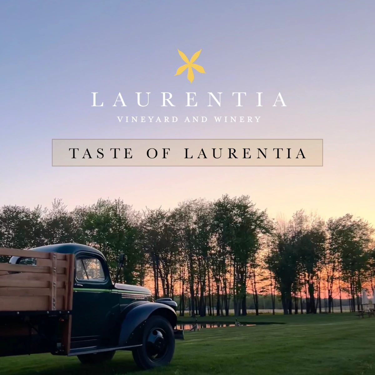 Taste of Laurentia graphic with vintage truck at sunset